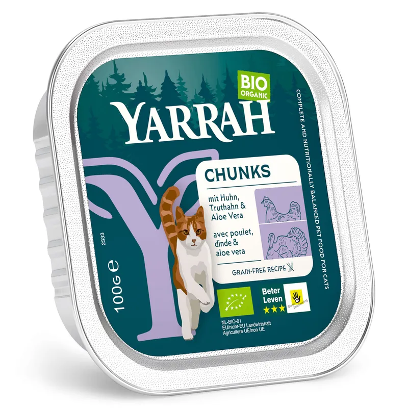 Yarrah biologisch kattenvoer chunks met kip & kalkoen (graanvrij) (5 kuipjes)