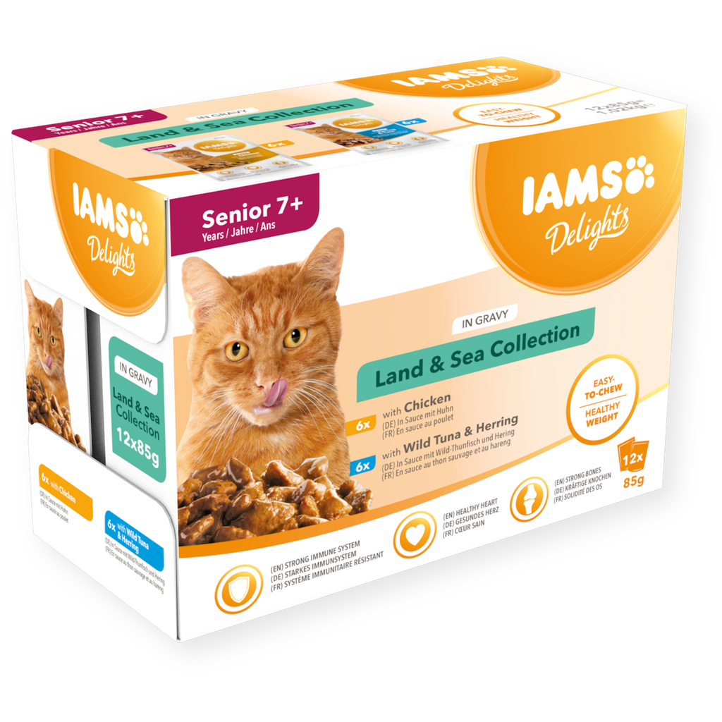 IAMS Delights natvoer voor Senior katten land & sea collection in saus